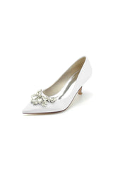 Rhinestone Pointed Toe Satin Kitten Heels