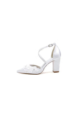 Pointed Toe Ivory Chunky Heels with Lace