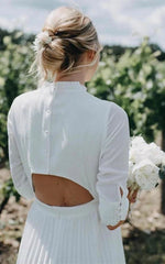 Vintage Modest Long Sleeve Wedding Dress with Pleats Simple Tea length A Line High Neck