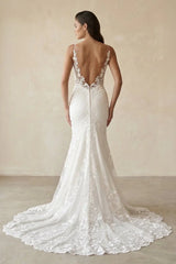 Mermaid V Neck Satin Wedding Dresses with Lace Appliques