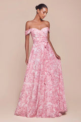 TILDA GOWN ROSE OFF THE SHOULDER FLORAL PRINTED A LINE DRESS