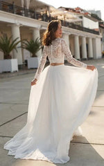 Two Piece V neck Wedding Dress with Sweep Train Lace Long Sleeves