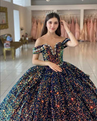 Sequined Ball Gown Off Shoulder Beaded Velvet Quinceanera Dresses