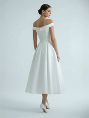 Sleeveless Tea Length Satin Wedding Dress With Sash And Off The Shoulder Neck