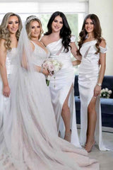 White One Shoulder Cutout Long Bridesmaid Dress with Slit