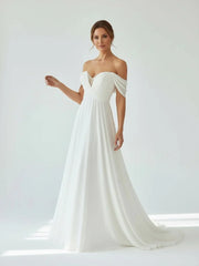 A Line Chiffon Sleeveless Off the Shoulder Wedding Dress with Ruching Floor Length