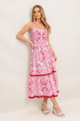 ROSALIE MIDI DRESS PINK SCROLL PRINT