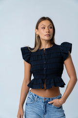 Holly Smocked Blouse in Navy