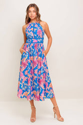 SOLANA MIDI DRESS BLUE PINK FLORAL HALTER DRESS