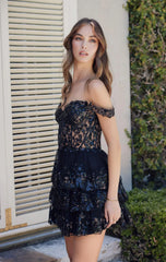 BRENNA MINI DRESS BLACK OFF SHOULDER TIERED SHORT DRESS