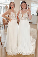 Simple White A Line Boho Long Chiffon Wedding Dress with Lace Appliques