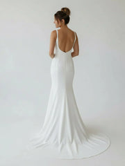 Simple Mermaid Scoop Neck Backless Satin Wedding Dresses