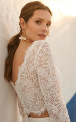 Modern Two Piece Floor length 3 4 Length Sleeve Lace Jewel Wedding Dress with Ruching