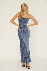 MEREDITH MAXI SLATE BLUE FLORAL BURNOUT DRESS