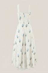 White Warm Rose Print Cotton Ruffled Midi Dress
