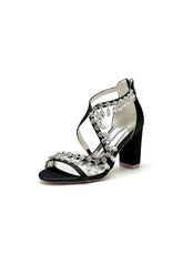 Sexy Open Toe Thin Strap Chunky Heels With Rhinestone