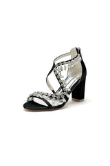 Sexy Open Toe Thin Strap Chunky Heels With Rhinestone