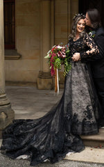 Modern Gothic Boho Lace Black Wedding Dress Vintage Unique A Line Long Sleeve Bridal Gown with Court Train