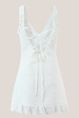 White V Neck Tulle Ruffled A Line Mini Dress