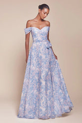 TILDA GOWN BLUE OFF THE SHOULDER FLORAL PRINTED A LINE DRESS