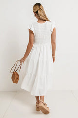 Rain Smocked Midi Dress in White FINAL SALE