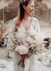 Unique Lace V Neck Mermaid Bohemian Flare Long Sleeve Beach Bridal Gowns