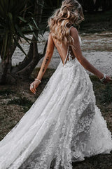 White Boho A Line Lace Wedding Dress with Appliques