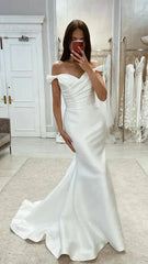 Chic Satin Mermaid Off Shoulder Ruched With Train Beach Wedding Dress