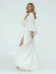 White Satin Simple A Line Long Wedding Dress with Slit