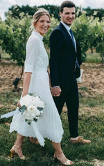 Vintage Modest Long Sleeve Wedding Dress with Pleats Simple Tea length A Line High Neck