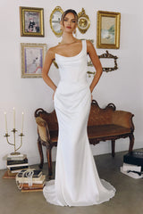 Danilynn Gown Off White One Shoulder Satin Mermaid Dress
