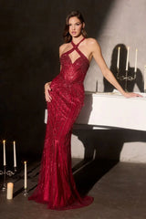 Chevonne Gown Beaded Halter Dress With Overskirt
