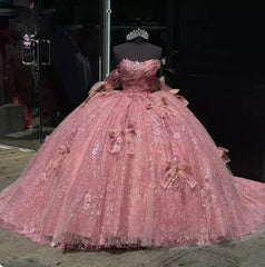 Pink Tulle Ball Gown Off the Shoulder Quinceanera Dresses