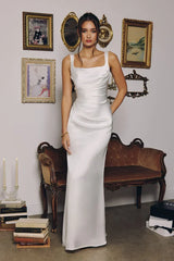 Toby Maxi Off White Satin Dress with Lace Up Back Scarf