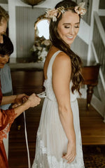 A Line Lace Bohemian V neck Wedding Dress With Low V Back And Appliques