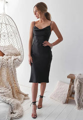 Aspen Midi Dress Black Satin Slip Dress
