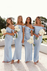 Off Shoulder Sheath Pleated Satin Sky Blue Long Bridesmaid Dress