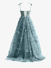 Dusty Blue A line Butterfly Lace Lilac Corset Prom Dress with Slit