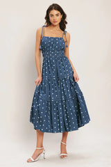 NAUTICAL POLKA DOT DENIM MIDI DRESS