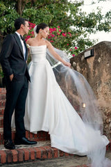 White Strapless Satin A Line Wedding Dresses