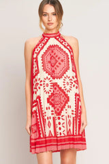SUNSET MEDALLION PLEATED MINI DRESS