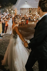 Marvelous V neck A Line Wedding Dress Tulle Appliques Rustic Wedding Dress