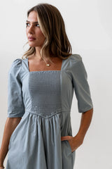 Paisley Smocked Midi Dress in Slate Blue FINAL SALE