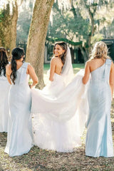 One Shoulder Stretch Matte Satin Sheath Long Bridesmaid Dresses