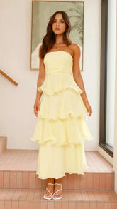 Gabby Maxi Dress Lemon Yellow Strapless Tiered Dress