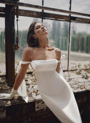 Simple Sheath Off The Shoulder Ankle Length Satin Wedding Dresses