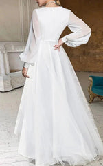 A Line V Neck Long Sleeves Elegant Casual Asymmetrical Chiffon Wedding Dress with Zipper Back