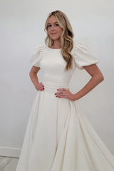 Ivory A line Puff Sleeves Satin Sweeping Long Wedding Dress
