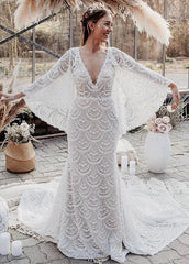 Unique Lace V Neck Mermaid Bohemian Flare Long Sleeve Beach Bridal Gowns