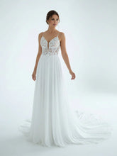 A Line V Neck Chiffon Boho White Appliques Wedding Dresses